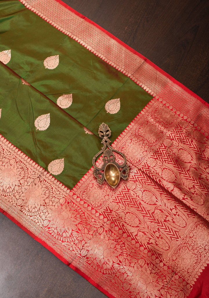 Henna Green Red Dual Tone Katan Silk Saree with Zari buttas and Red Contrast | SILK MARK CERTIFIED