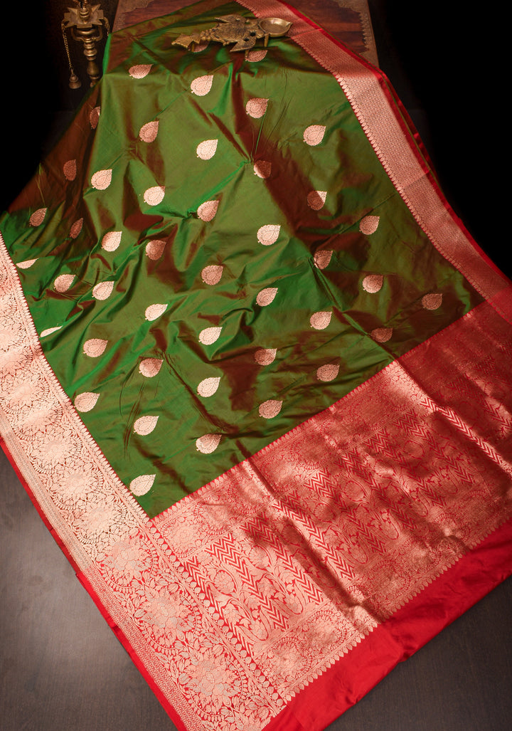 Henna Green Red Dual Tone Katan Silk Saree with Zari buttas and Red Contrast | SILK MARK CERTIFIED