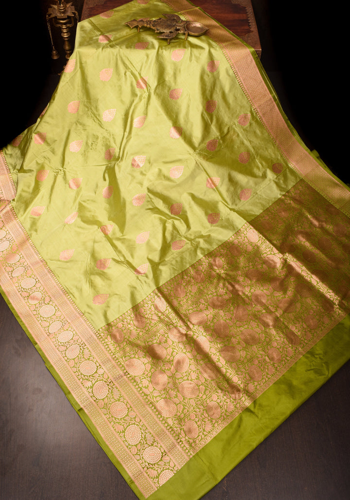Tea  Green Katan Silk Saree with Damask Motifs and Zari Border | SILK MARK CERTIFIED