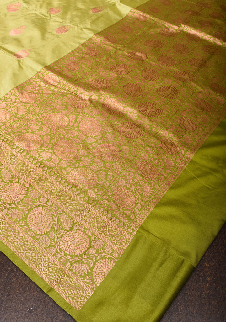 Tea  Green Katan Silk Saree with Damask Motifs and Zari Border | SILK MARK CERTIFIED