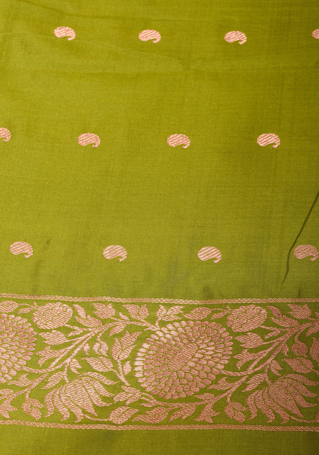 Tea  Green Katan Silk Saree with Damask Motifs and Zari Border | SILK MARK CERTIFIED