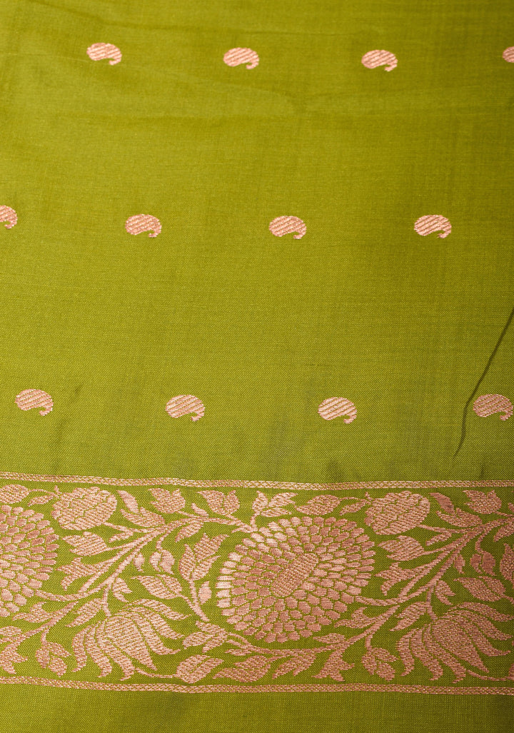 Tea  Green Katan Silk Saree with Damask Motifs and Zari Border | SILK MARK CERTIFIED
