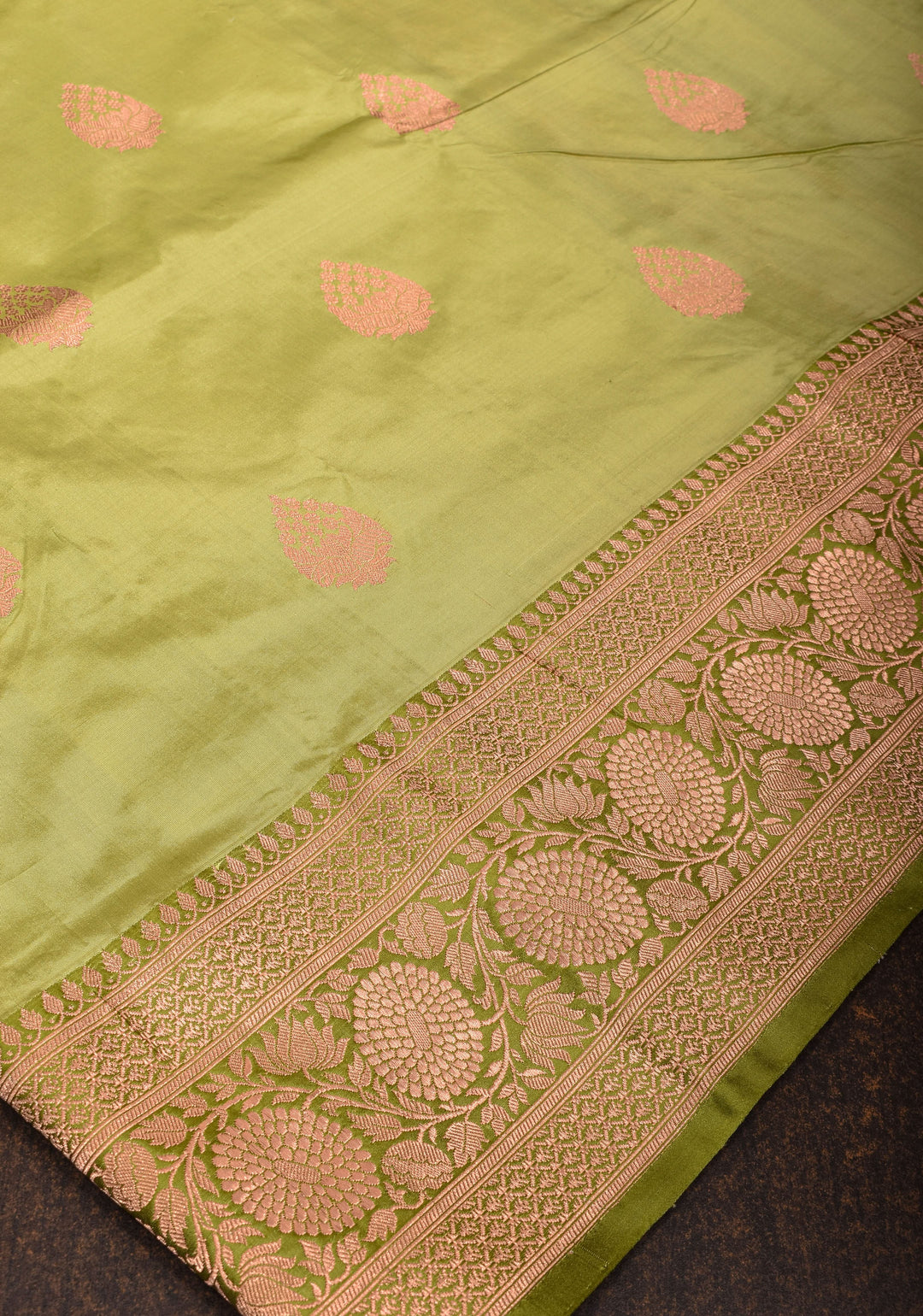 Tea  Green Katan Silk Saree with Damask Motifs and Zari Border | SILK MARK CERTIFIED