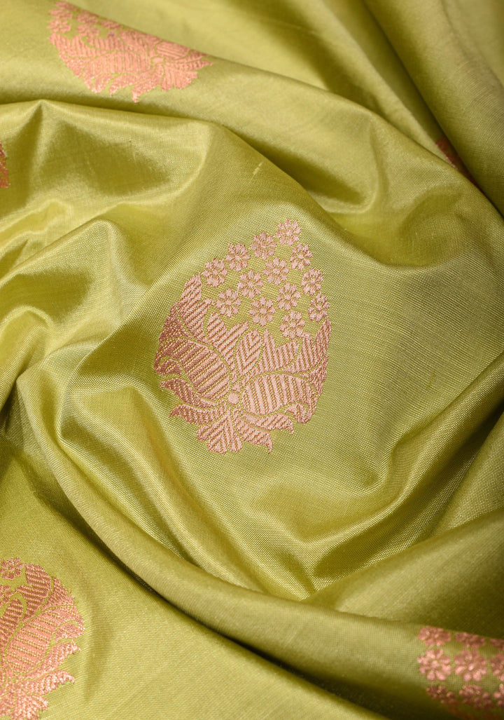 Tea  Green Katan Silk Saree with Damask Motifs and Zari Border | SILK MARK CERTIFIED