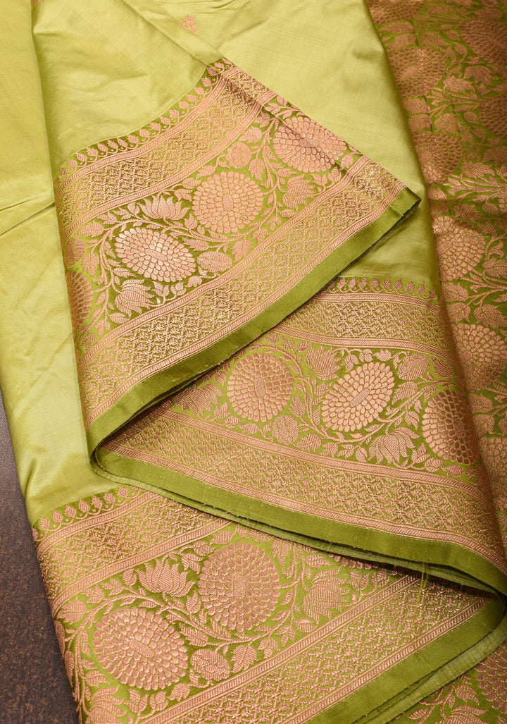 Tea  Green Katan Silk Saree with Damask Motifs and Zari Border | SILK MARK CERTIFIED