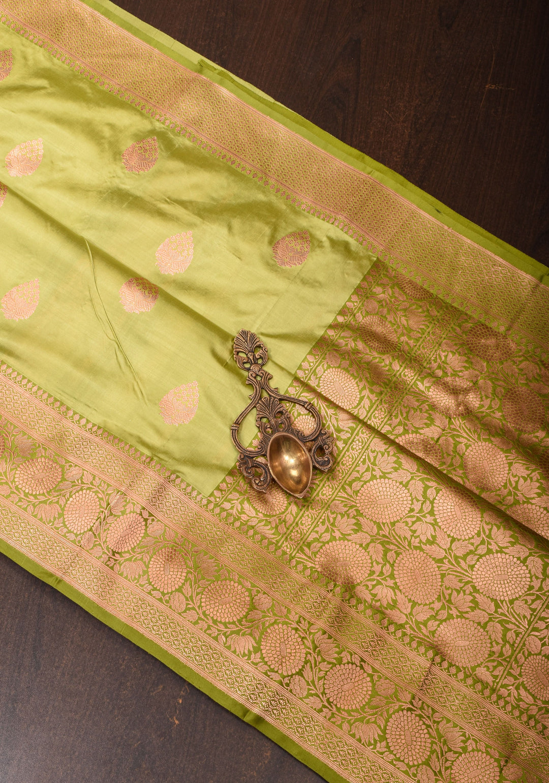 Tea  Green Katan Silk Saree with Damask Motifs and Zari Border | SILK MARK CERTIFIED