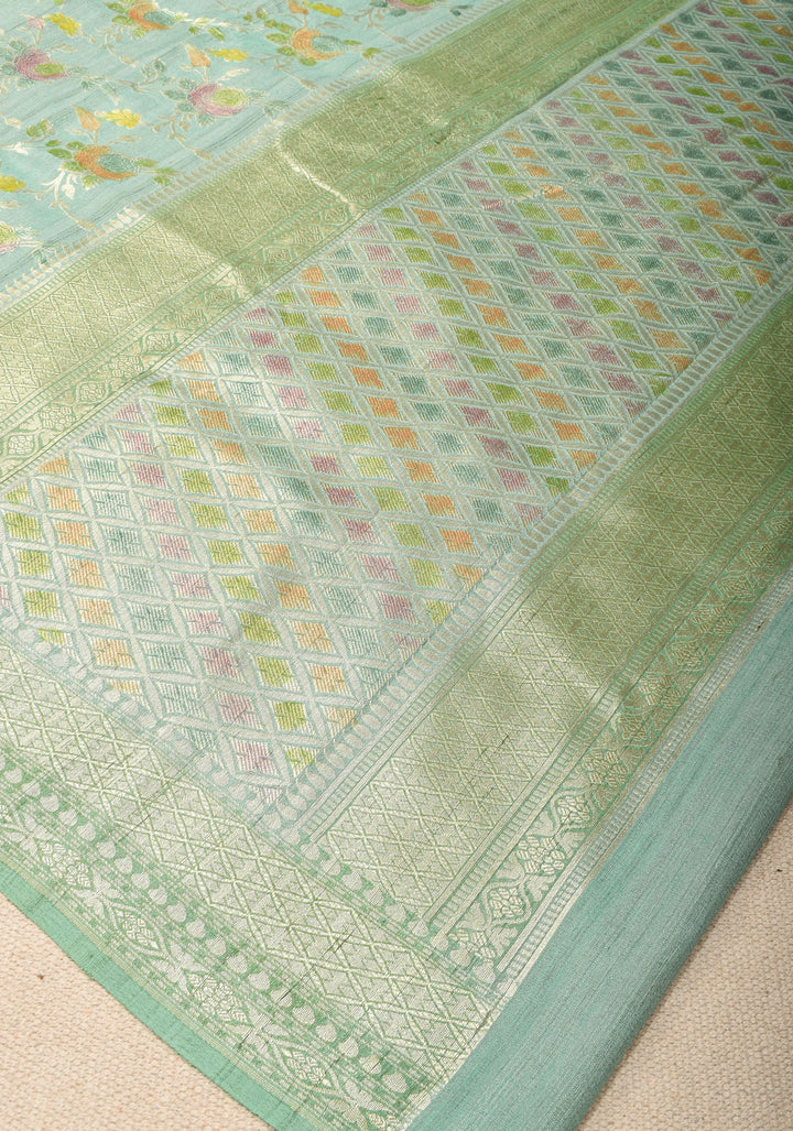 Exquisite Sage Green Banarasi Tussar Georgette  Saree with Brush Dye Floral Jaal and Zari Border | SILK MARK CERTIFIED