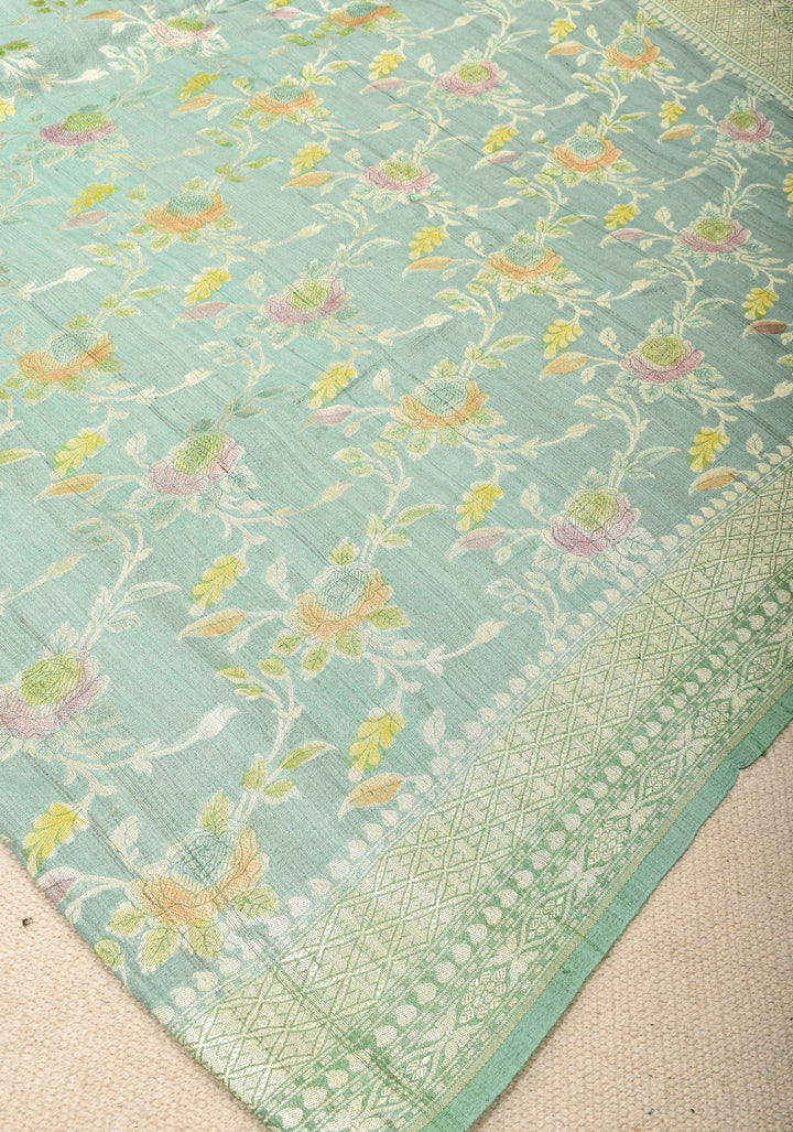 Exquisite Sage Green Banarasi Tussar Georgette  Saree with Brush Dye Floral Jaal and Zari Border | SILK MARK CERTIFIED