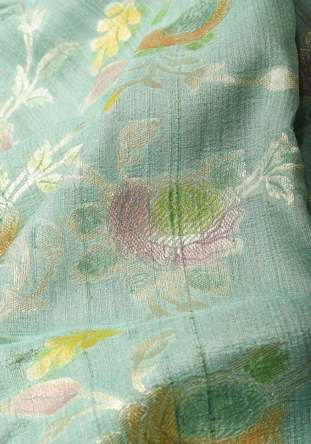 Exquisite Sage Green Banarasi Tussar Georgette  Saree with Brush Dye Floral Jaal and Zari Border | SILK MARK CERTIFIED