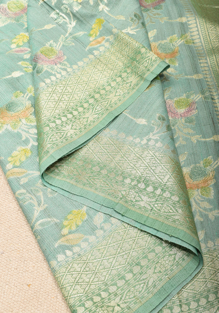 Exquisite Sage Green Banarasi Tussar Georgette  Saree with Brush Dye Floral Jaal and Zari Border | SILK MARK CERTIFIED