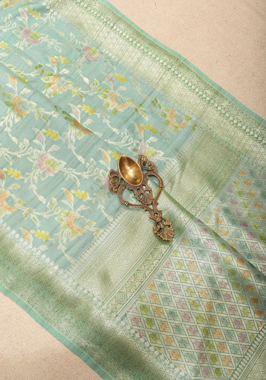 Exquisite Sage Green Banarasi Tussar Georgette  Saree with Brush Dye Floral Jaal and Zari Border | SILK MARK CERTIFIED