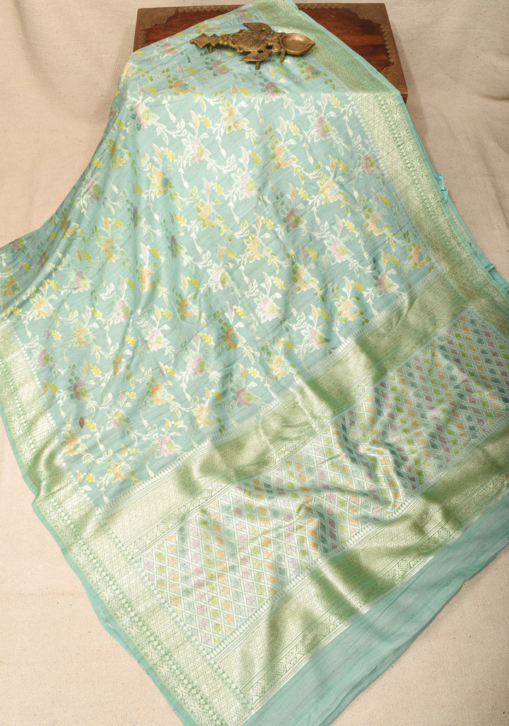 Exquisite Sage Green Banarasi Tussar Georgette  Saree with Brush Dye Floral Jaal and Zari Border | SILK MARK CERTIFIED