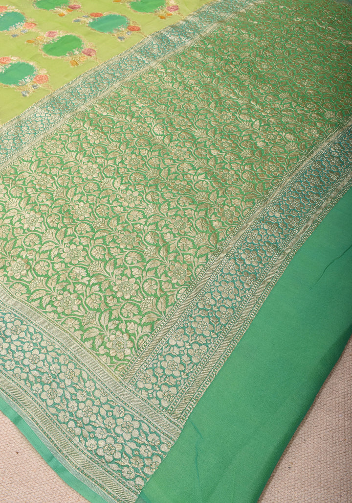 Pastel Green Hand Brush Dye Banarasi Georgette Saree with Floral Jaal and Zari Border  | SILK MARK CERTIFIED