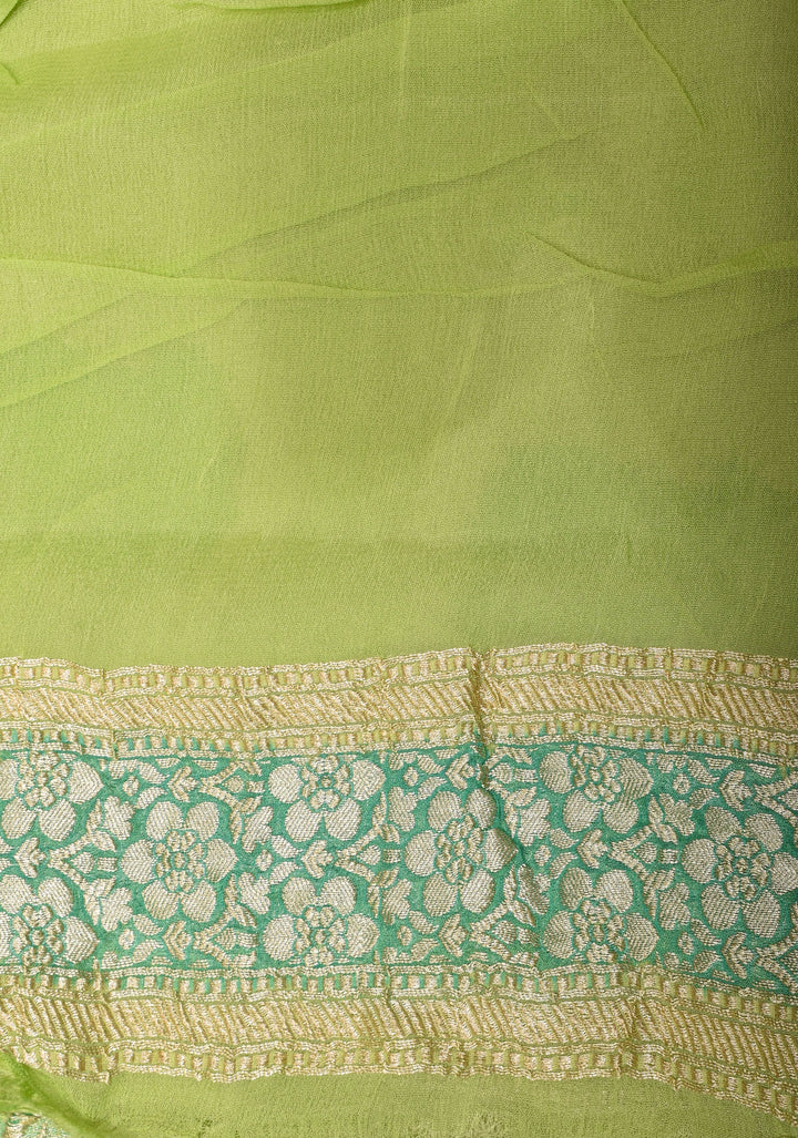 Pastel Green Hand Brush Dye Banarasi Georgette Saree with Floral Jaal and Zari Border  | SILK MARK CERTIFIED