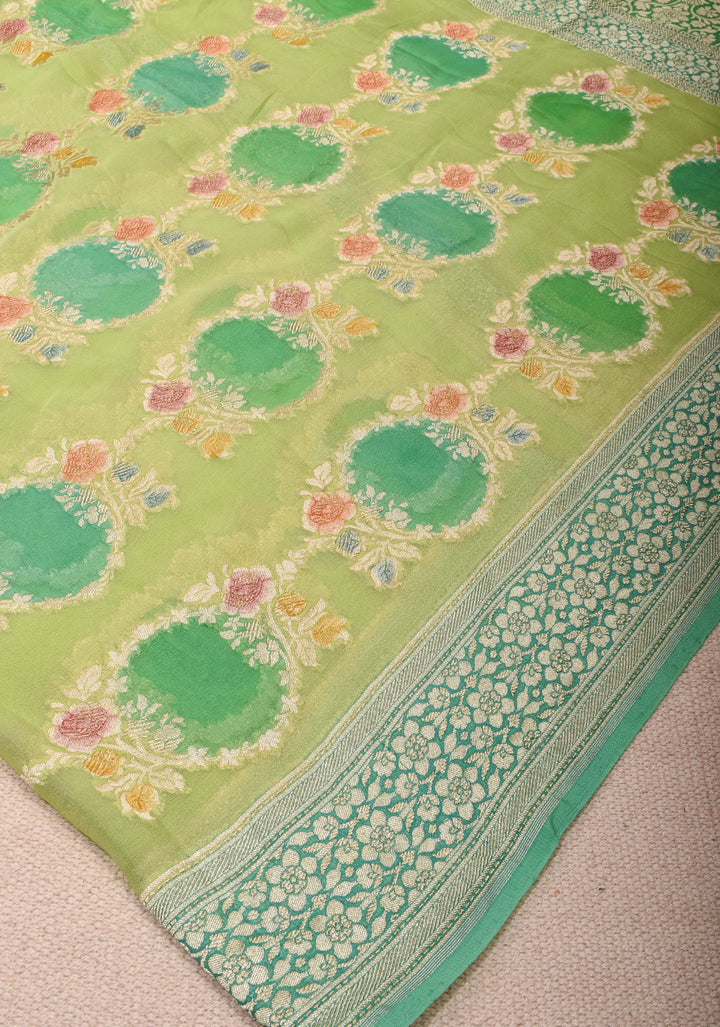 Pastel Green Hand Brush Dye Banarasi Georgette Saree with Floral Jaal and Zari Border  | SILK MARK CERTIFIED