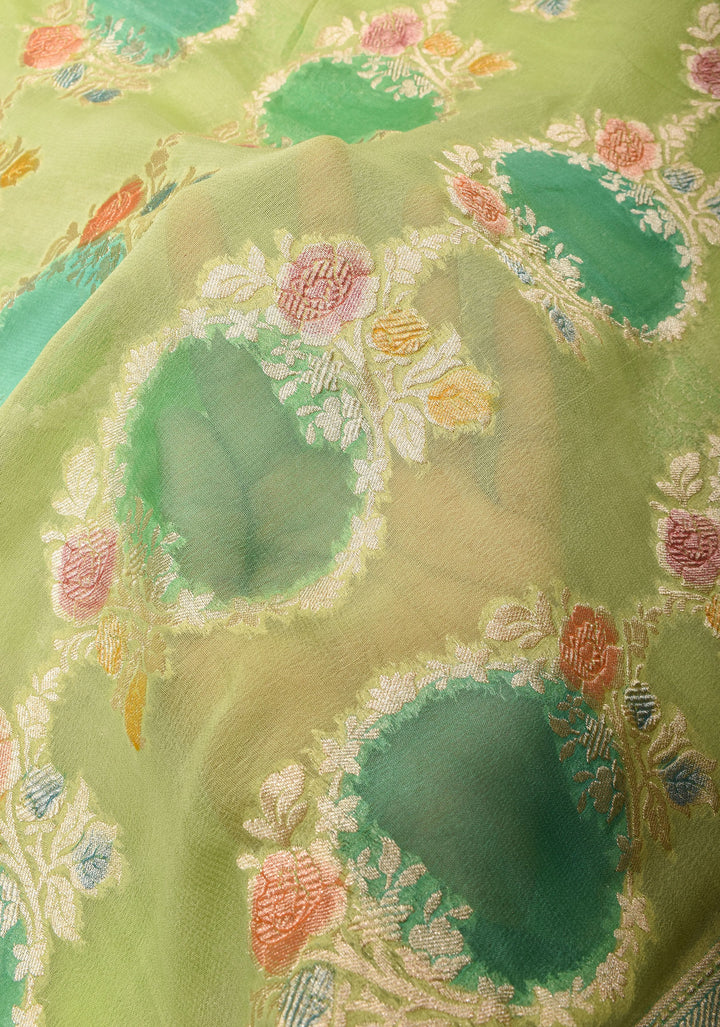 Pastel Green Hand Brush Dye Banarasi Georgette Saree with Floral Jaal and Zari Border  | SILK MARK CERTIFIED