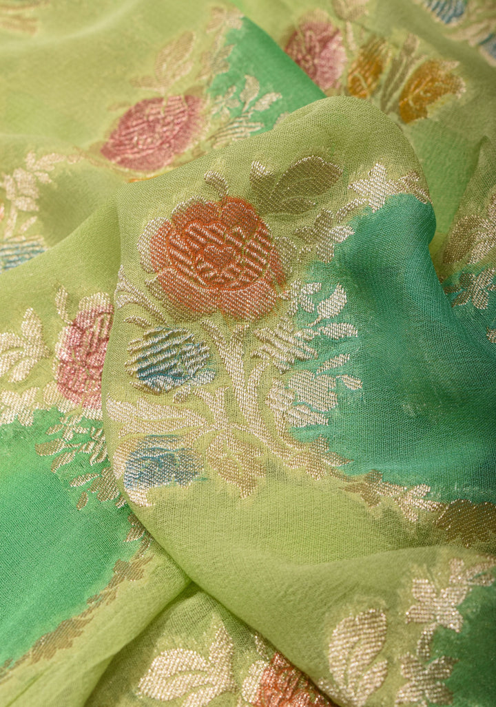 Pastel Green Hand Brush Dye Banarasi Georgette Saree with Floral Jaal and Zari Border  | SILK MARK CERTIFIED