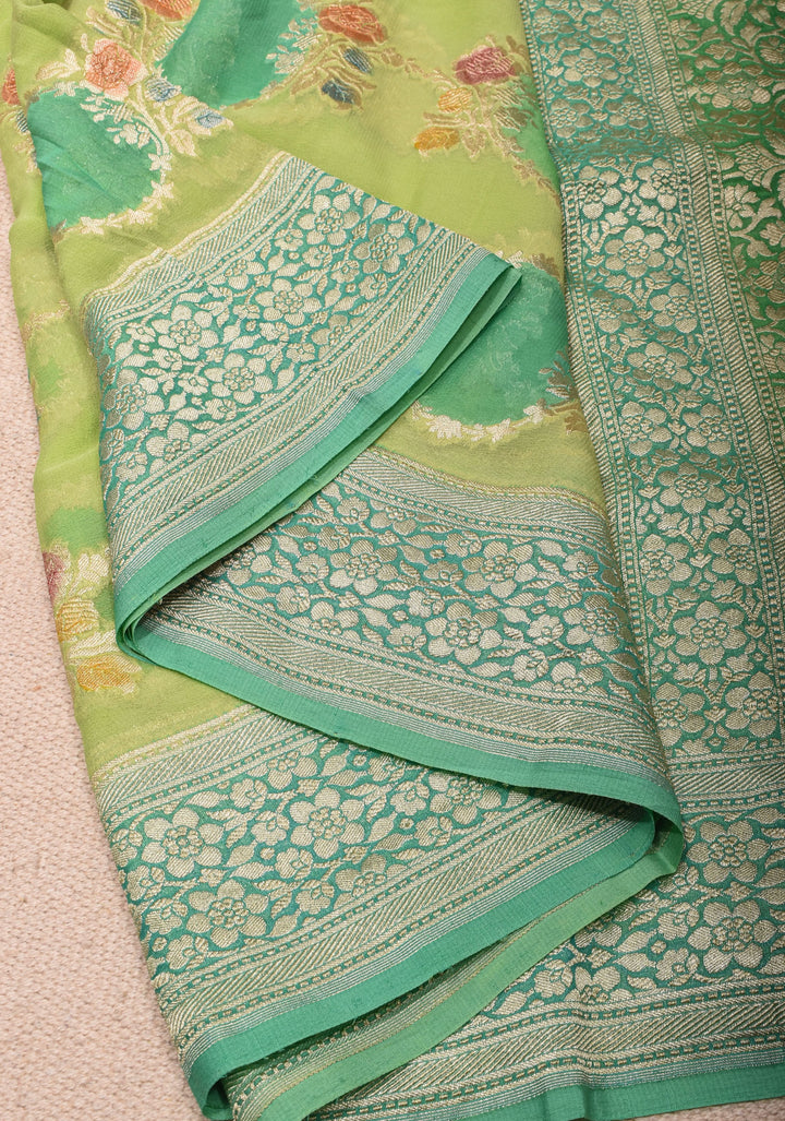 Pastel Green Hand Brush Dye Banarasi Georgette Saree with Floral Jaal and Zari Border  | SILK MARK CERTIFIED