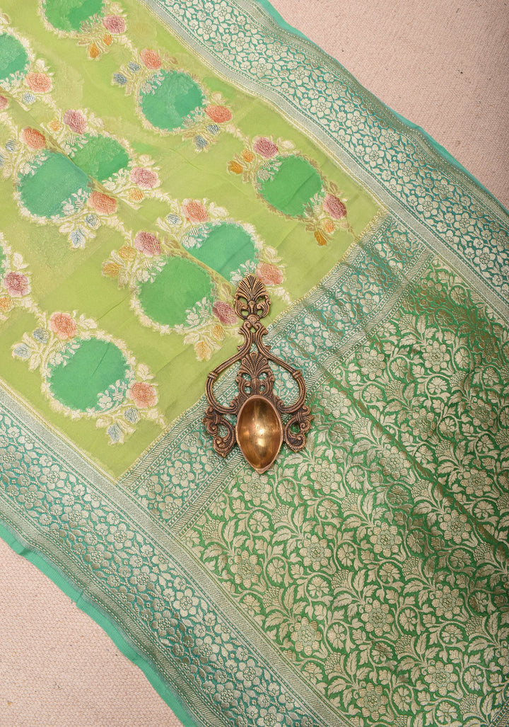 Pastel Green Hand Brush Dye Banarasi Georgette Saree with Floral Jaal and Zari Border  | SILK MARK CERTIFIED
