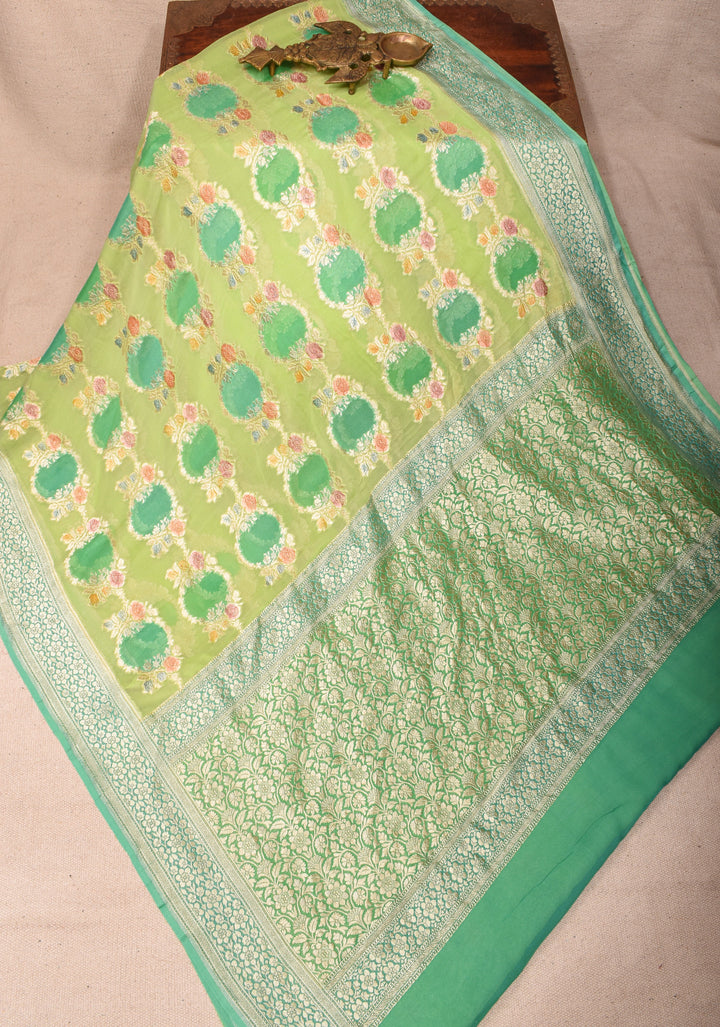 Pastel Green Hand Brush Dye Banarasi Georgette Saree with Floral Jaal and Zari Border  | SILK MARK CERTIFIED