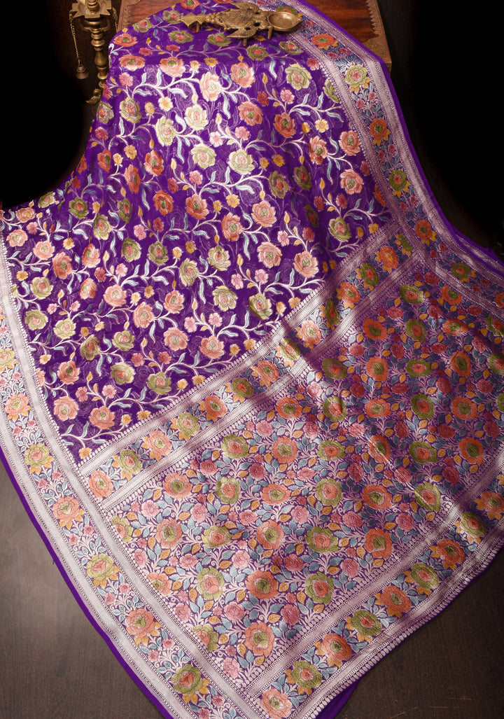 Purple Hand Brush Dye Banarasi Georgette Silk Saree with Floral Jaal and Zari Border | SILK MARK CERTIFIED