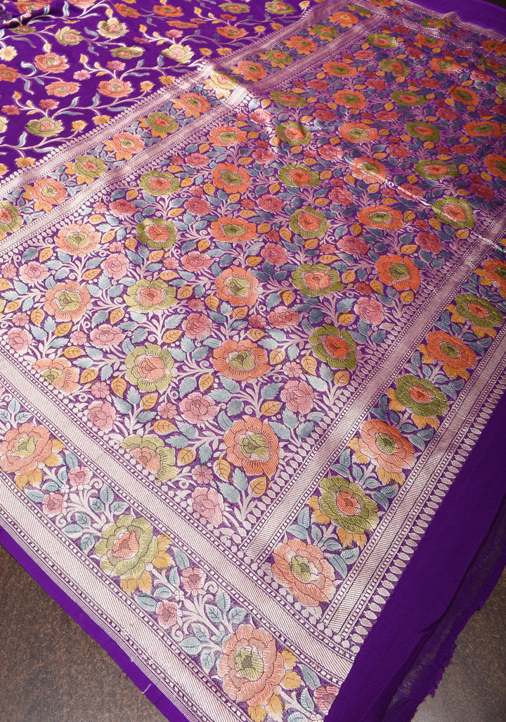Purple Hand Brush Dye Banarasi Georgette Silk Saree with Floral Jaal and Zari Border | SILK MARK CERTIFIED