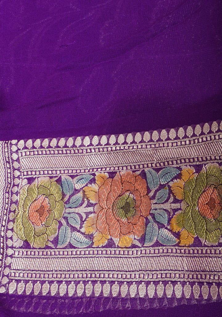 Purple Hand Brush Dye Banarasi Georgette Silk Saree with Floral Jaal and Zari Border | SILK MARK CERTIFIED