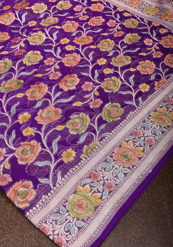 Purple Hand Brush Dye Banarasi Georgette Silk Saree with Floral Jaal and Zari Border | SILK MARK CERTIFIED
