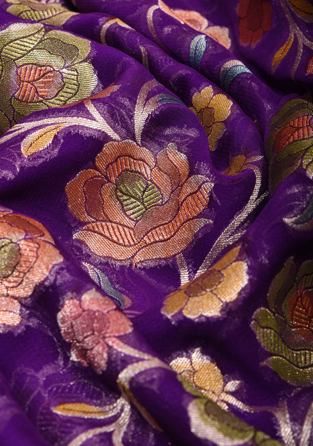 Purple Hand Brush Dye Banarasi Georgette Silk Saree with Floral Jaal and Zari Border | SILK MARK CERTIFIED