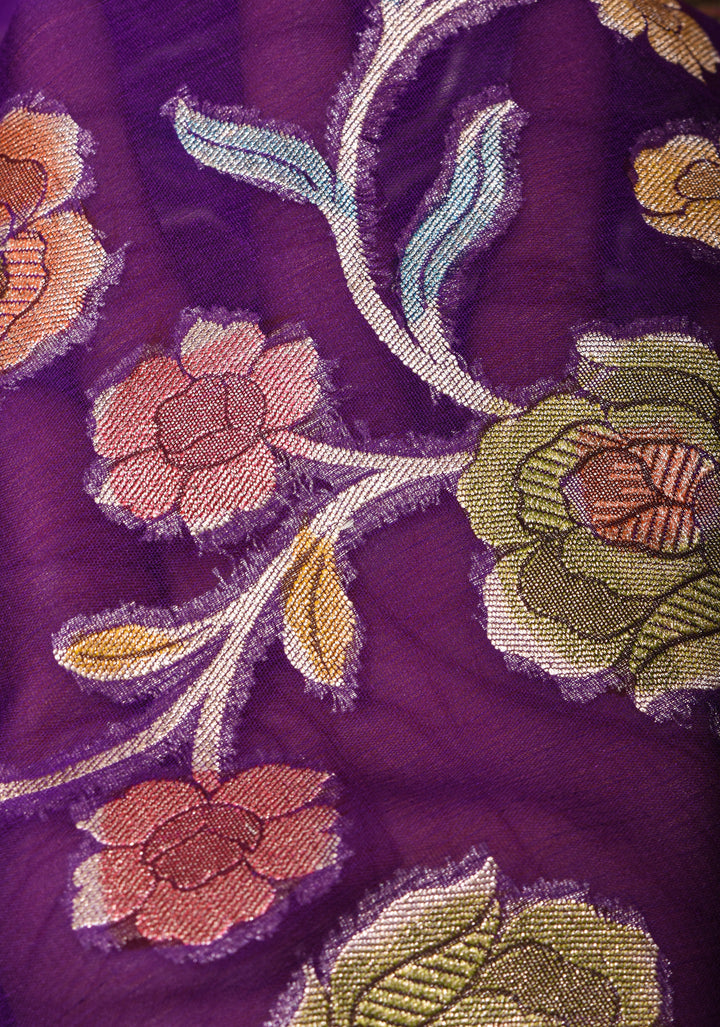 Purple Hand Brush Dye Banarasi Georgette Silk Saree with Floral Jaal and Zari Border | SILK MARK CERTIFIED