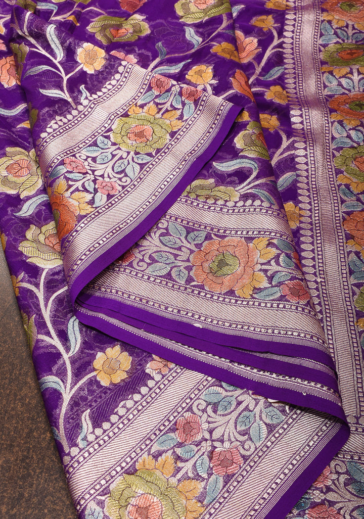 Purple Hand Brush Dye Banarasi Georgette Silk Saree with Floral Jaal and Zari Border | SILK MARK CERTIFIED