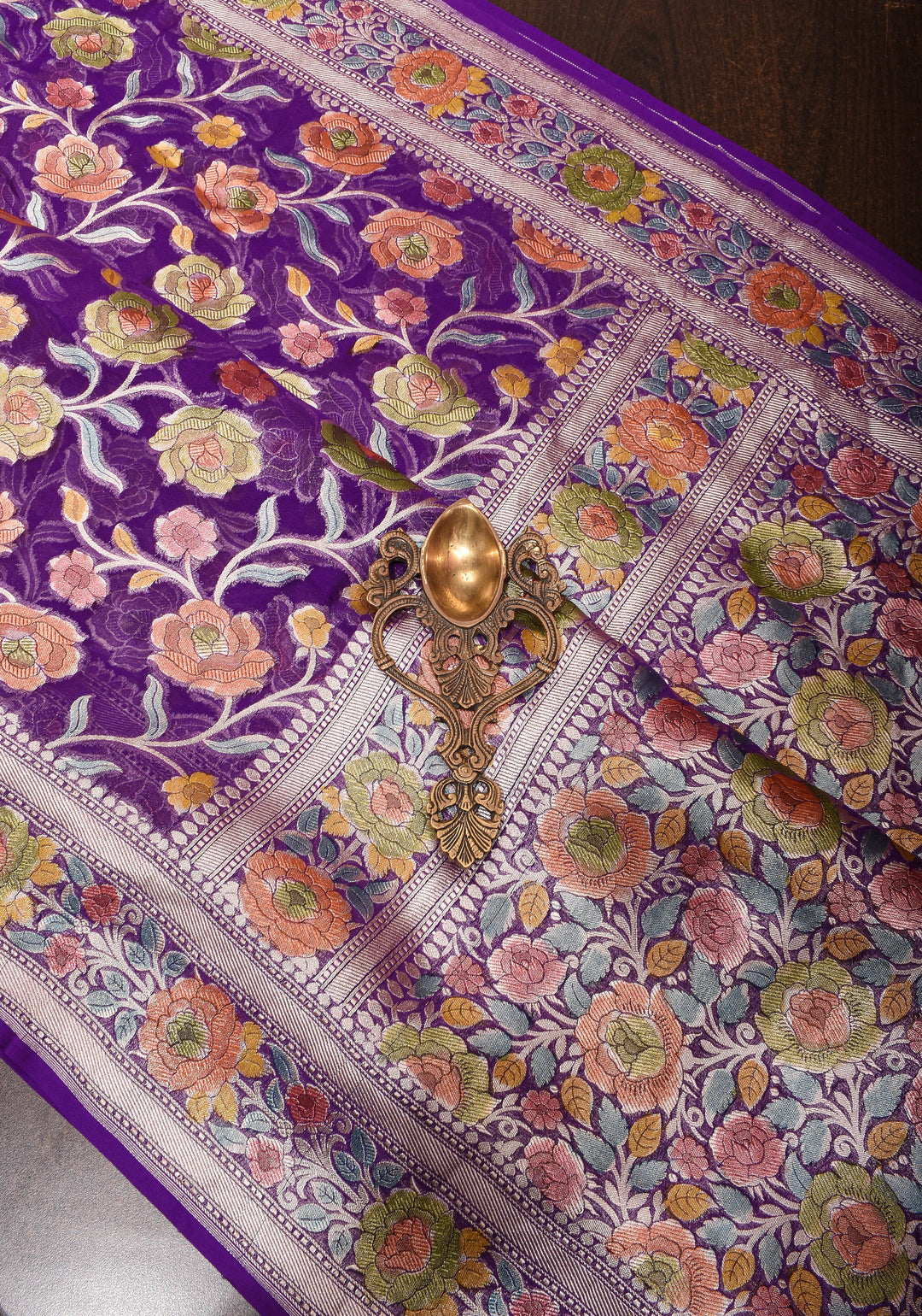 Purple Hand Brush Dye Banarasi Georgette Silk Saree with Floral Jaal and Zari Border | SILK MARK CERTIFIED