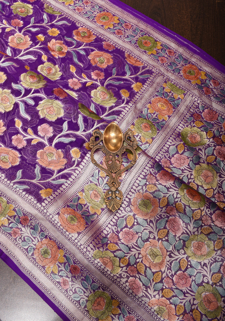 Purple Hand Brush Dye Banarasi Georgette Silk Saree with Floral Jaal and Zari Border | SILK MARK CERTIFIED
