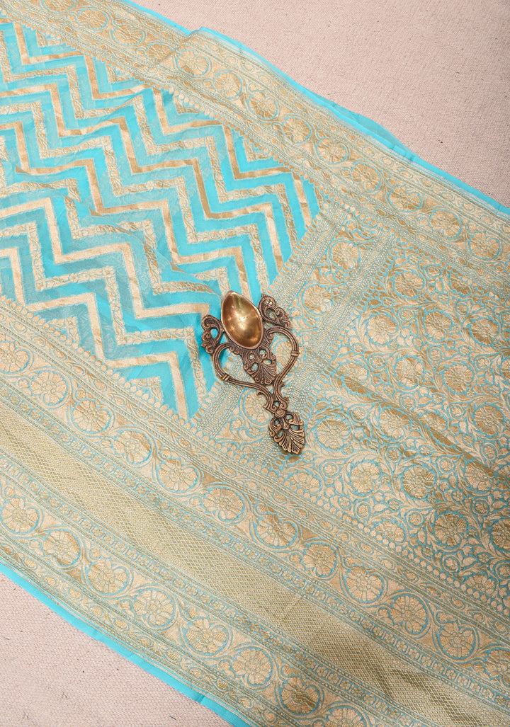 Aqua Banarasi Silk Georgette Saree with Chevron jaal pattern and Zari Border| SILK MARK CERTIFIED