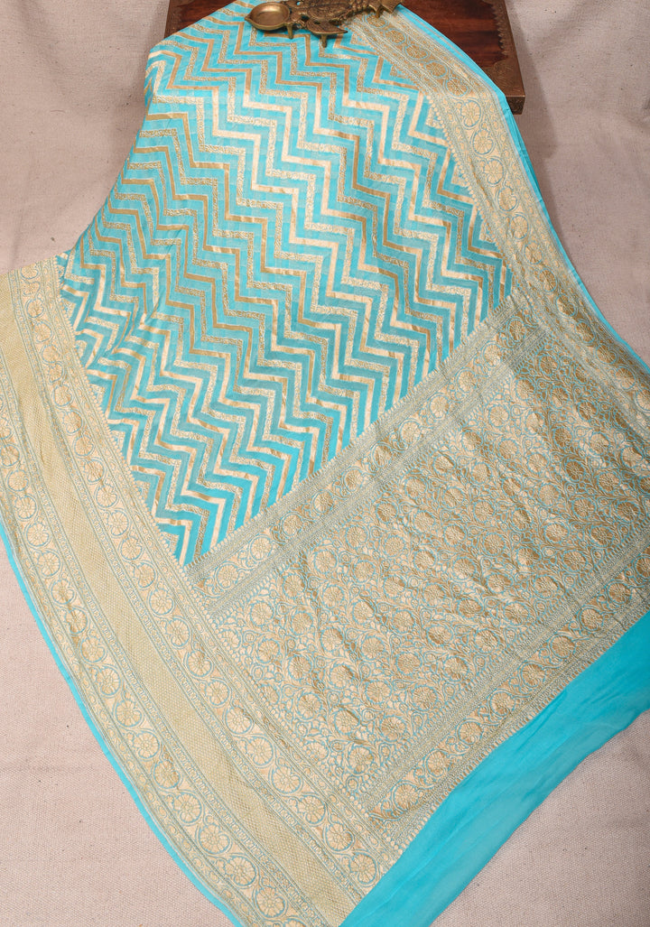 Aqua Banarasi Silk Georgette Saree with Chevron jaal pattern and Zari Border| SILK MARK CERTIFIED
