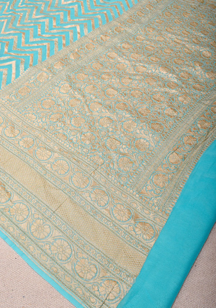 Aqua Banarasi Silk Georgette Saree with Chevron jaal pattern and Zari Border| SILK MARK CERTIFIED