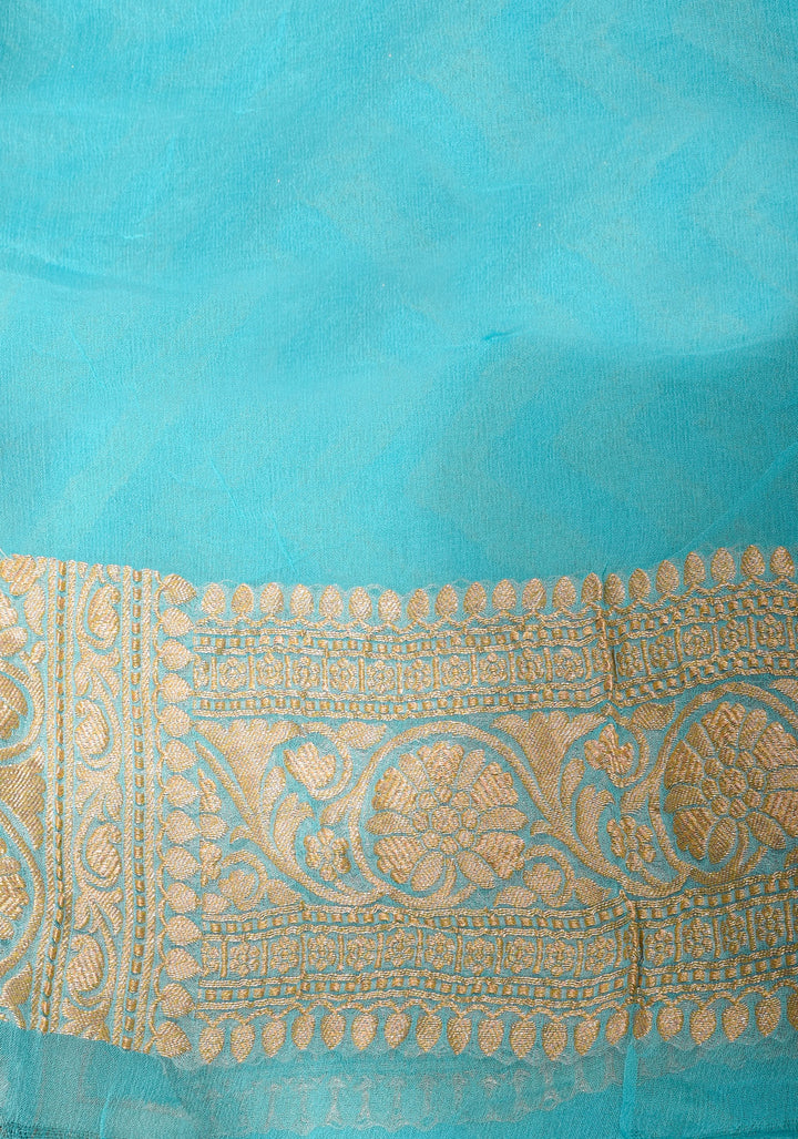 Aqua Banarasi Silk Georgette Saree with Chevron jaal pattern and Zari Border| SILK MARK CERTIFIED
