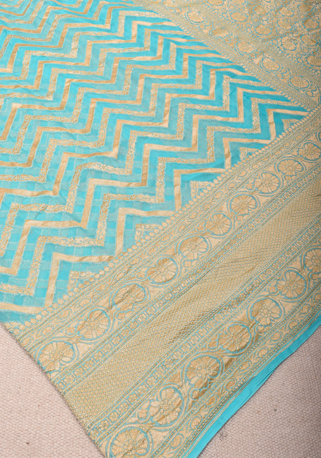 Aqua Banarasi Silk Georgette Saree with Chevron jaal pattern and Zari Border| SILK MARK CERTIFIED