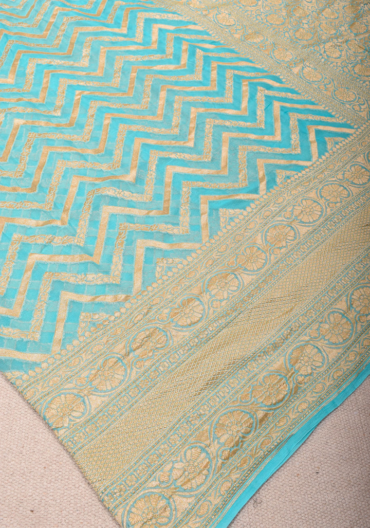 Aqua Banarasi Silk Georgette Saree with Chevron jaal pattern and Zari Border| SILK MARK CERTIFIED