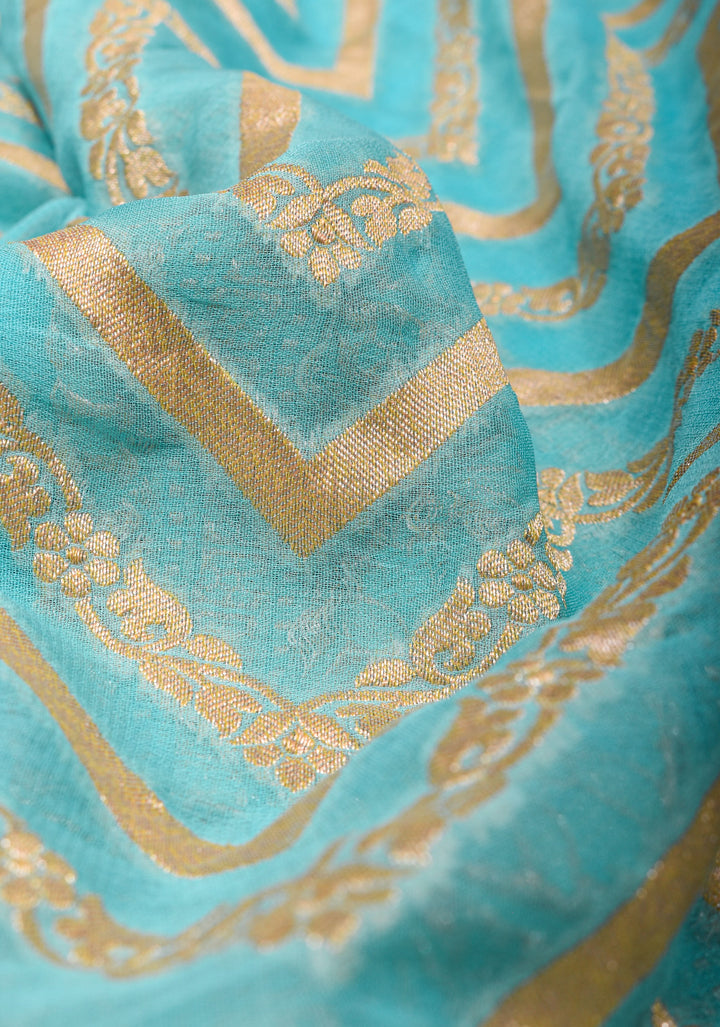 Aqua Banarasi Silk Georgette Saree with Chevron jaal pattern and Zari Border| SILK MARK CERTIFIED