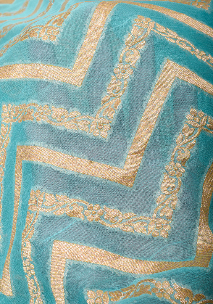 Aqua Banarasi Silk Georgette Saree with Chevron jaal pattern and Zari Border| SILK MARK CERTIFIED