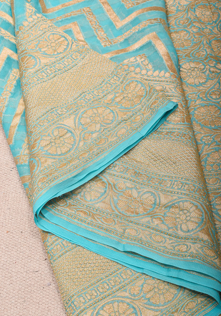 Aqua Banarasi Silk Georgette Saree with Chevron jaal pattern and Zari Border| SILK MARK CERTIFIED