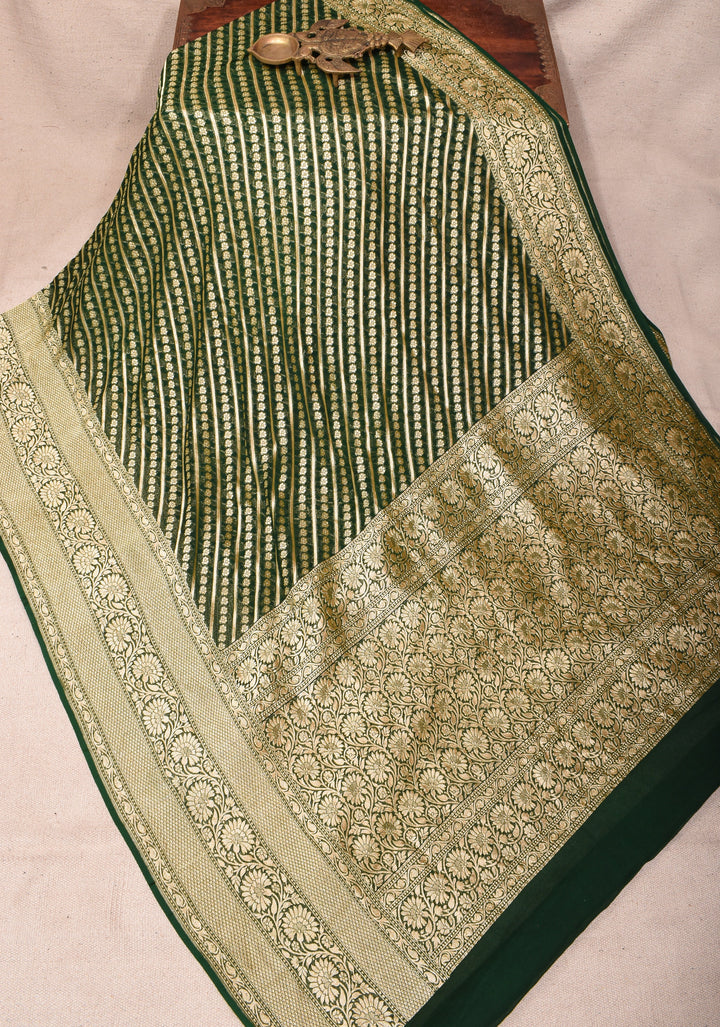 Exquisite Green Banarasi Georgette Silk Saree with Diagonal Stripes Zari Stripes and Floral Butti and Zari Border | SILK MARK CERTIFIED