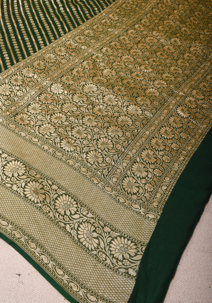 Exquisite Green Banarasi Georgette Silk Saree with Diagonal Stripes Zari Stripes and Floral Butti and Zari Border | SILK MARK CERTIFIED