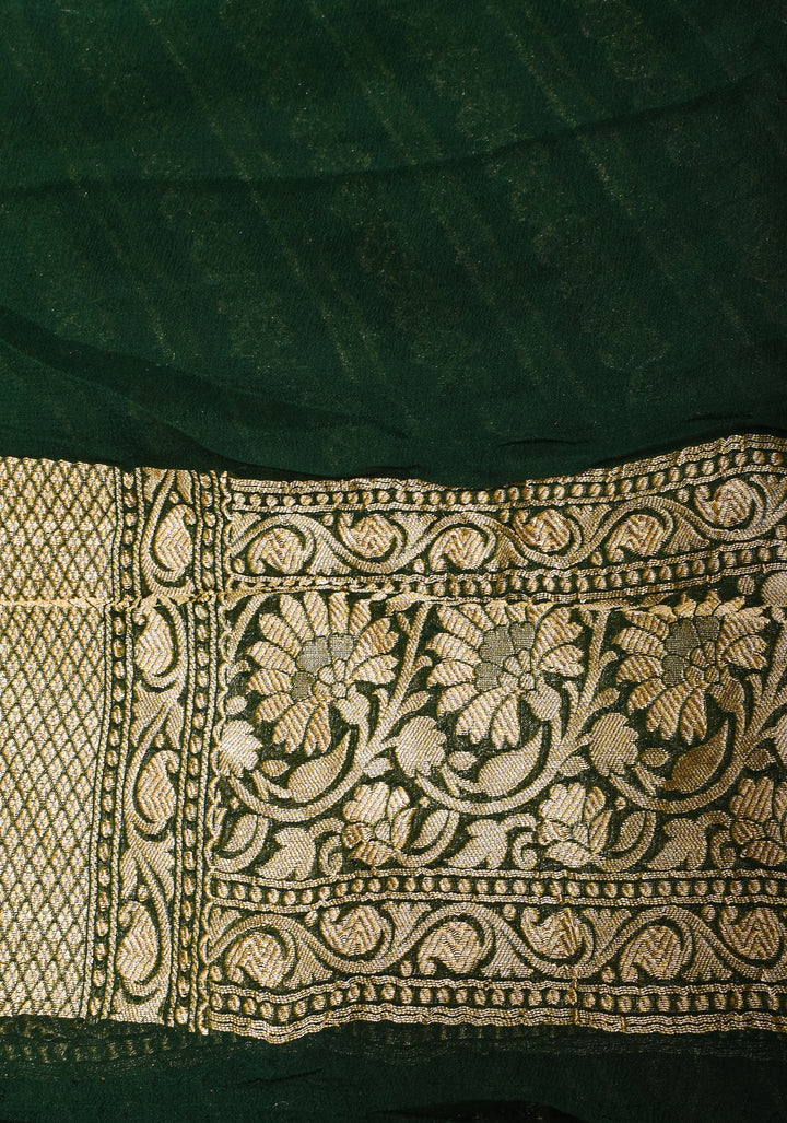 Exquisite Green Banarasi Georgette Silk Saree with Diagonal Stripes Zari Stripes and Floral Butti and Zari Border | SILK MARK CERTIFIED