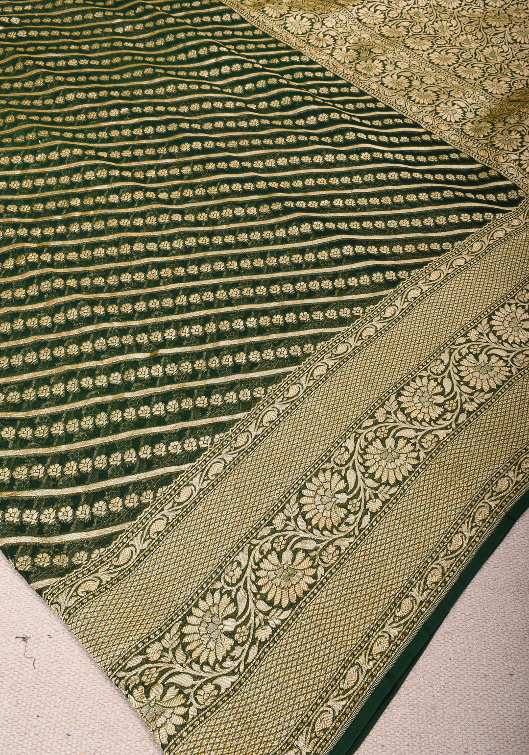 Exquisite Green Banarasi Georgette Silk Saree with Diagonal Stripes Zari Stripes and Floral Butti and Zari Border | SILK MARK CERTIFIED