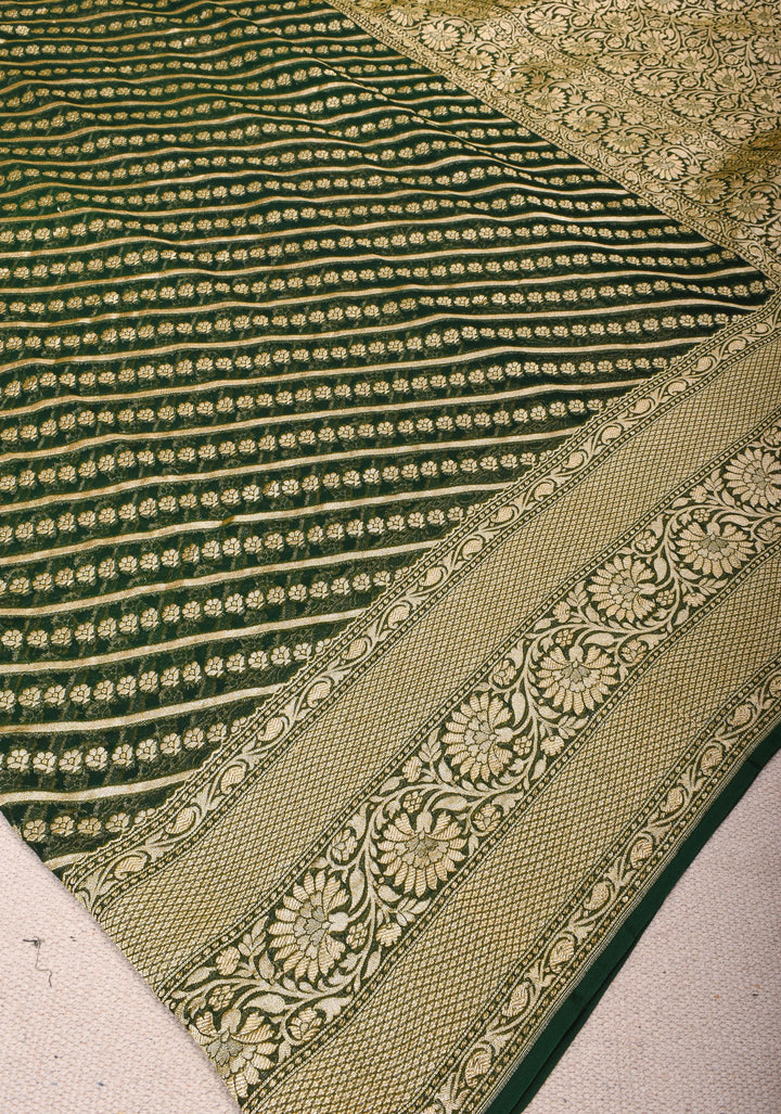 Exquisite Green Banarasi Georgette Silk Saree with Diagonal Stripes Zari Stripes and Floral Butti and Zari Border | SILK MARK CERTIFIED