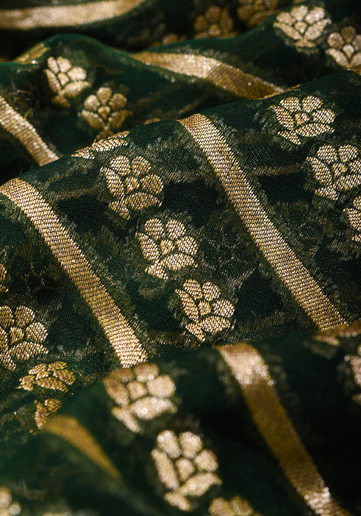 Exquisite Green Banarasi Georgette Silk Saree with Diagonal Stripes Zari Stripes and Floral Butti and Zari Border | SILK MARK CERTIFIED