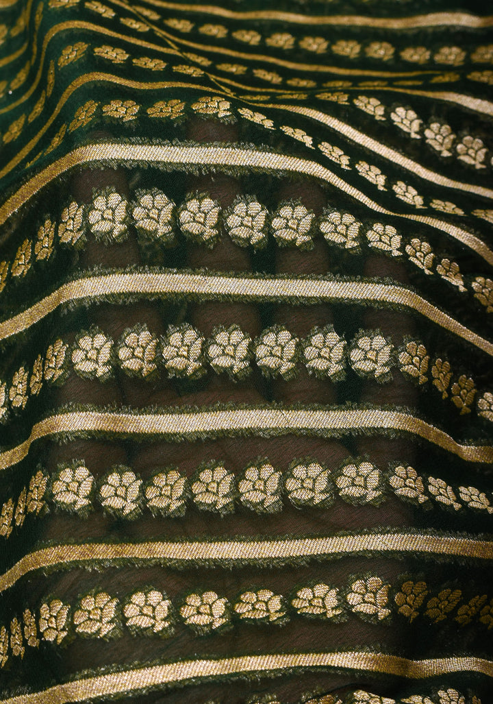 Exquisite Green Banarasi Georgette Silk Saree with Diagonal Stripes Zari Stripes and Floral Butti and Zari Border | SILK MARK CERTIFIED