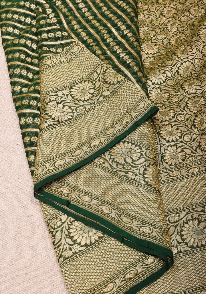 Exquisite Green Banarasi Georgette Silk Saree with Diagonal Stripes Zari Stripes and Floral Butti and Zari Border | SILK MARK CERTIFIED